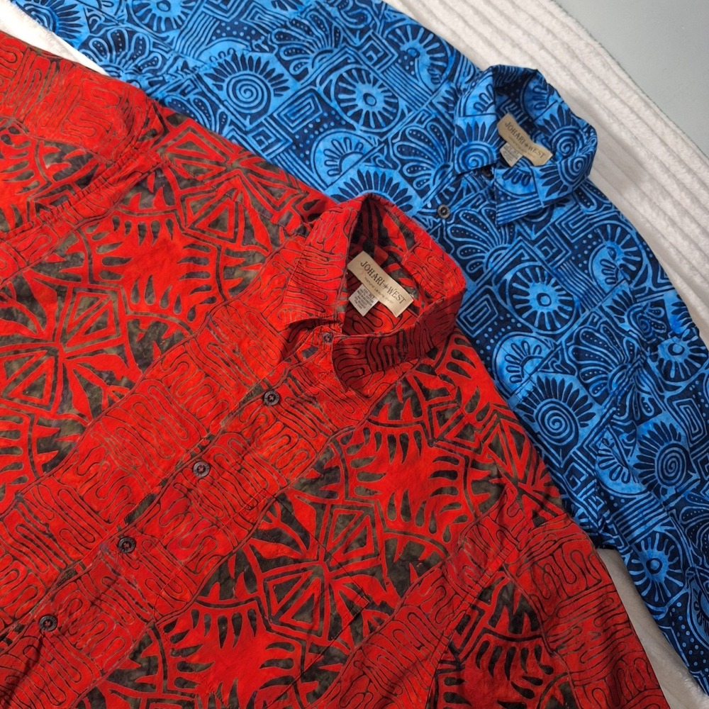 2 Pc Lot Vtg Johari West Tribal Abstract Button Up Shirts Mens XLT Red Blue Retr